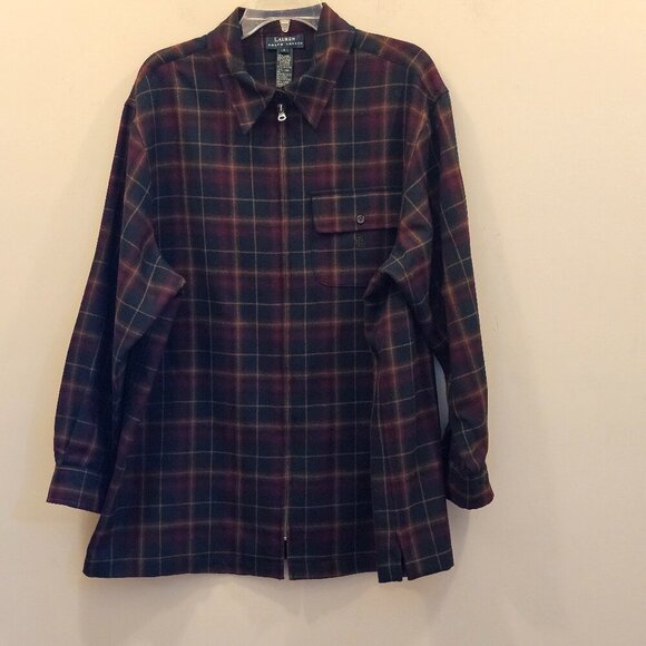 Men's Lauren Ralph Lauren Wool Shirt Jacket Green Red‎ Plaid Elbow Patch Size L - Picture 1 of 9